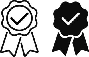 badge with ribbons icon set. Check mark award sign. Approval check mark and thumb up on medal vector