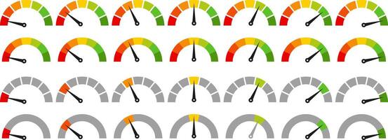 speedometer color icon set. Low, medium, high speedometer sign. Rating Speed Meter vector