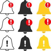 notification bell warning icon set. Warning notification bell sign. Exclamation mark with bell icon. Symbol of warning notice. vector
