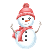 Snowman with red knitted hat and scarf. Cute cheerful character for winter holiday design. Hand drawn watercolor illustration isolated. Clipart for Christmas and New Year kids print, wrapping, card. png