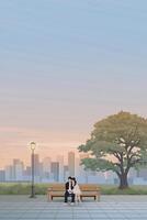 Couple of lover kissing on the bench at public park have skyscraper and vanilla sky vertical background graphic illustration. Sweetheart's dating concept have blank space. vector