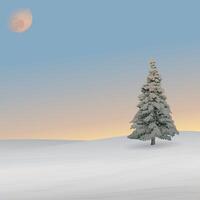 Minimalist sunset snowscape with silhouette lonely pine tree have moon on vanilla sky square background graphic illustration. vector