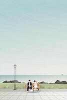 Couple of lover sitting on the bench with them dog on leash at public park seaside have blue sky vertical background graphic illustration. Sweetheart's dating concept have blank space. vector