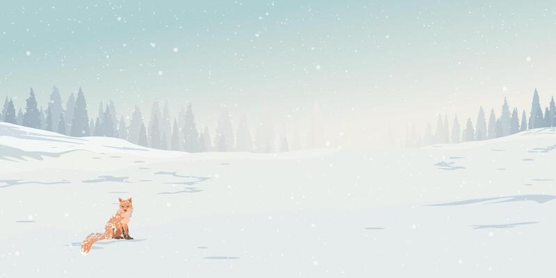Winter landscape with lonely fox covered by white snow have snowfall and silhouette pine forest background graphic illustration.