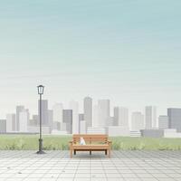 Cityscape view from public park with white cat sitting on the bench have skyscrapers and blue sky square background graphic illustration. vector