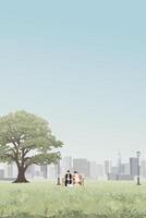 Cityscape with couple of lover sitting on the bench with them dog at public park have skyscraper and blue sky vertical background graphic illustration. vector
