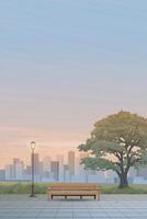 Cityscape sunset view from public park have skyscraper and vanilla sky vertical background graphic illustration. vector
