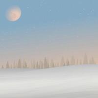 Minimalist sunset snowscape with silhouette pine forest have moon and starry on vanilla sky square background graphic illustration. vector