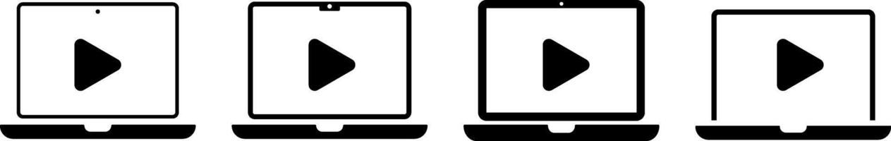 Set of play button with laptop icon. responsive web design. Device icons. Monitor with music buttons vector
