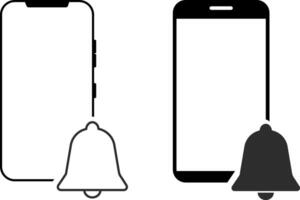 Notification bell with phone icon set. Alarm clock and smartphone. New notice sign symbol. vector