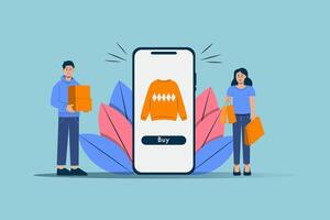 A man and a woman are standing next to a cell phone with a shopping app on it vector