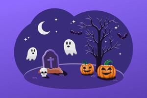 A Halloween themed drawing of a graveyard with a cross and three ghosts vector