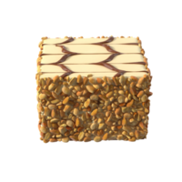 A delicious dessert featuring layers of cream and a nutty coating, drizzled with chocolate. Perfect for sweet cravings. png