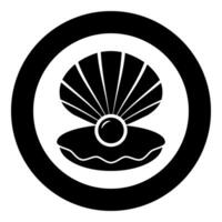 Pearl in seashell shell with pearlized inside open icon in circle round black color illustration image solid outline style vector