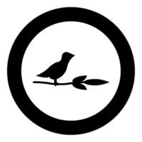 Bird on branch with leaves silhouette spring concept icon in circle round black color illustration image solid outline style vector