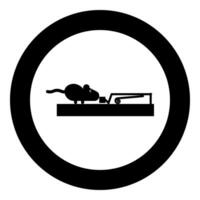 Mouse wants to eat piece of cheese from mousetrap silhouette rodent icon in circle round black color illustration image solid outline style vector