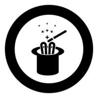 Hare ears in wizard's hat magic wand wizard conjure cylinder bunny rabbit appearing trick concept icon in circle round black color illustration image solid outline style vector