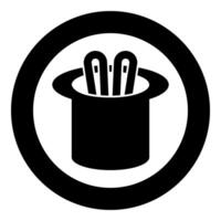 Hare ears in wizard's hat wizard conjure cylinder bunny rabbit appearing trick concept icon in circle round black color illustration image solid outline style vector