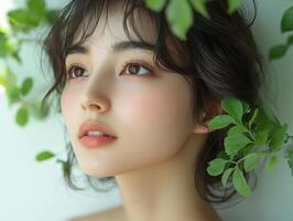 A woman with green leaves on her face photo