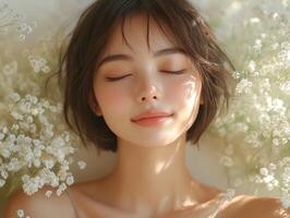 A woman with her eyes closed and flowers in the background photo