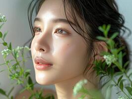 A woman with long hair and green plants photo