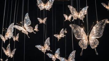 Illuminated crystal butterflies floating in mid-air, creating a sparkling, magical display with elegant light effects. photo