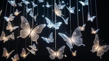 Artistic glowing butterflies suspended in the dark, creating a surreal and elegant visual display. photo