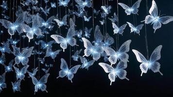 Crystal butterflies glow with icy blue light, creating an elegant and magical atmosphere against a dark background. photo