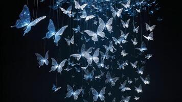 Glowing butterfly in black walipaper with LED lights, creating magical and elegant atmosphere. photo