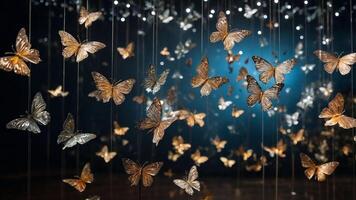 Crystal butterflies suspended in mid-air, creating a mesmerizing, floating installation with shimmering light effects. photo