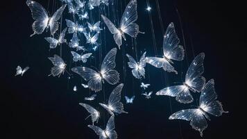 Glowing transparent butterflies suspended in the dark, creating a magical and artistic ambiance. photo