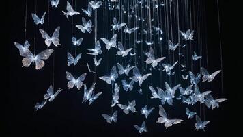 A display of illuminated crystal butterflies suspended in icy blue light, creating a dreamlike and serene atmosphere. photo
