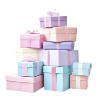 A stack of wrapped gifts in various sizes and colors, isolated on a transparent background png