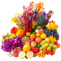 A colorful display of harvest festival elements, including fruits, flowers, and decorations, isolated on a transparent background. png