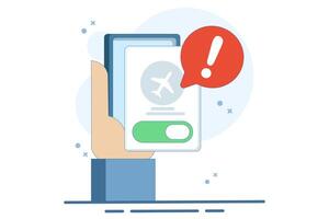 Airplane mode concept, Airplane mode warning on screen, smartphone or tablet, flat cartoon illustration of warning, isolated phone or tablet flight info notification. vector