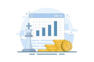 Digital financial growth concept, Online financial system management with chess king piece, tablet, gold coins on isolated background, digital marketing. Flat illustration on background. vector