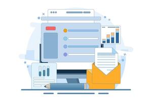 Online digital mail media content. Email service network website feedback. Information about events, activities, company information and announcements. Email message correspondence. vector