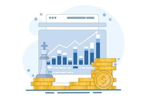 Digital financial growth concept, Online financial system management with chess pieces, tablet, gold coins on isolated background, digital marketing. Flat illustration. vector