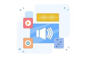 Concept of Listening to Audio and Multimedia Content, Icons depicting speakers to represent the function of listening to audio and screens or movies for multimedia content. types of digital content. vector