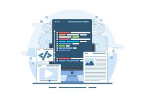 testing web design user interface prototypes on local servers. Website development, coding on laptop screens, and programming. web design. vector