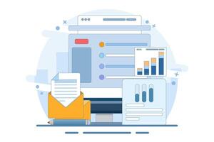 Online digital mail media content. Email service network website feedback. Information about events, activities, company information, and announcements. email messages. flat illustration. vector
