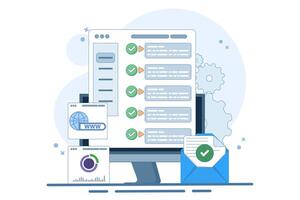 Web UI Interface. Data analysis, SEO Optimization dashboard and business financial report. PC or website SEO investment screen. Technology Analysis KPI Data Dashboard. Flat Illustration. vector