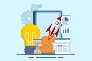 Startup business project concept, Startup business project, financial planning, idea, strategy, management, realization and success. Rocket launch from monitor. Flat illustration on background. vector