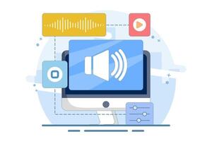 Audio and Multimedia Content Listening Concept, Icon depicting a speaker to represent the function of listening to audio and a screen or movie for multimedia content. Flat illustration. vector