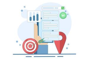 Online information search concept. Search engine on smart device screen with local pin location icon and target. SEO Optimization Marketing Strategy. Flat illustration. vector