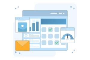 Project management software concept that handles multiple business tasks, Company manages projects with project management system, Flat design illustration. vector