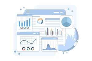 study concept for market expansion. Financial report, investment data, sales information, business analysis, computing, Businessman analyzing diagrams and graphs with magnifying glass. illustration. vector