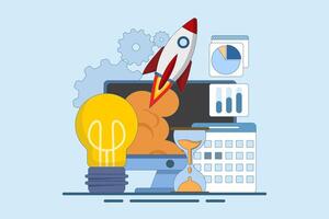 Startup business project concept, Startup business project, financial planning, idea, strategy, management, realization and success. Rocket launch from monitor. vector