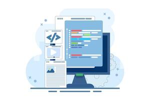 testing web design user interface prototypes on local servers. Website development, coding on laptop screens, and programming. vector