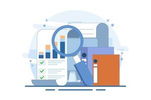 accounting analysis concept with graphs, audit research on computer, flat cartoon, big paper financial report data analysis on pc and magnifying glass, success check. vector